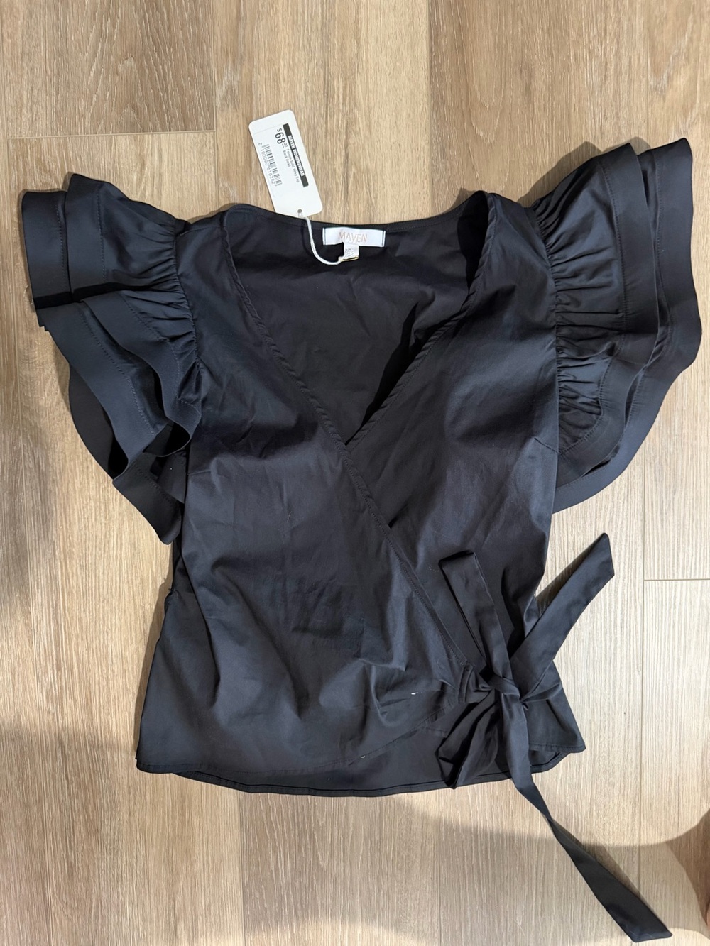 Maven Ruffle-Sleeve Wrap Blouse in Black